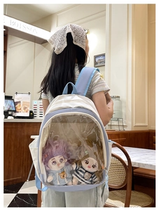 Blue and white Ita bag detail showing plush dolls inside a transparent PVC window