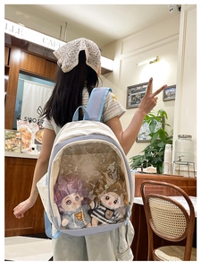 Detail of light blue and white patchwork backpack with a clear window for plush dolls