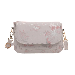 Pink crossbody square bag with butterfly print and adjustable gold-tone chain strap