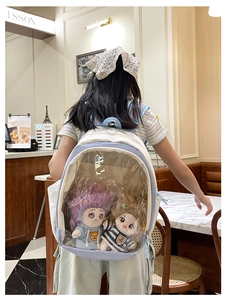 Detail showing transparent window with plush dolls on a light blue student backpack