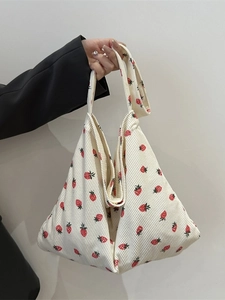 Sac fourre-tout en velours côtelé avec motif fraise, style sac à bandoulière blanc cassé
