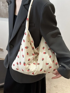 Sac fourre-tout en velours côtelé avec motif fraises sac à bandoulière décontracté pour femme