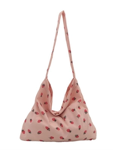 Sac fourre-tout en velours côtelé rose avec imprimé fraise et bandoulière de style épuré