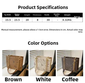 Size chart and details of the vintage letter print tote bag with dimensions in centimeters