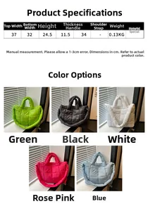 Quilted tote bag detail showing lightweight 0.13kg weight and dimensions for daily shopping