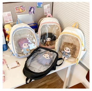 Detail of colorful canvas ita bags with large transparent windows for plush dolls display