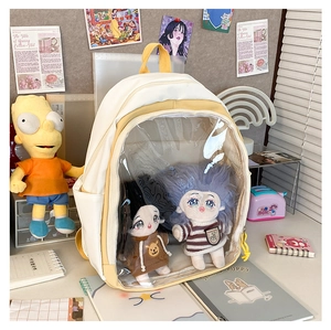 Detailed view of the transparent PVC window on the yellow and white cartoon school bag