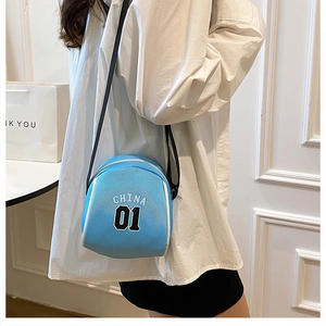 Close-up of bright blue mini crossbody bag featuring CHINA 01 sporty letter print