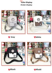 Collage of small canvas crossbody bags with adjustable straps in various neutral colorways