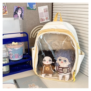 Detail of an Ita bag with transparent PVC window showing plush cotton dolls inside