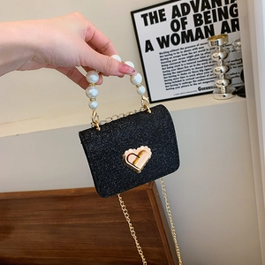 Mini sac à paillettes noires pour filles avec poignée en perles et fermoir cœur doré