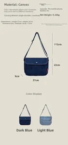 Detailed size specifications and retro denim canvas messenger bag material texture