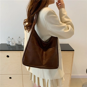 Dark brown large capacity faux leather tote bag with geometric texture for office commuting