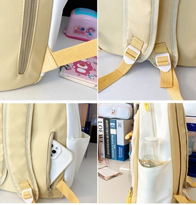 Detail of adjustable straps, anti-theft zipper pocket, and side bottle pouch on the backpack