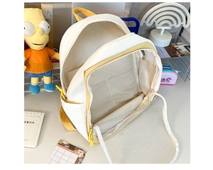 Detail view of the multi-layer zipper structure and functional interior pockets of the backpack