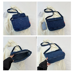 Detailed views of blue denim crossbody bag featuring silver snap button and red side label