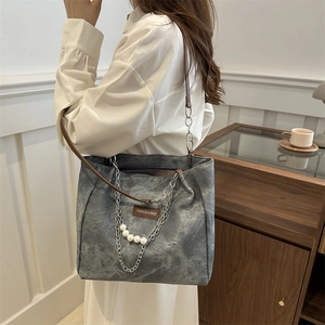 Borsa Tote In Tessuto Lavato Retrò Vintage Grande Capacità Borsa A Spalla Con Catena Di Künstliche Perle E Metallo Moda Donna