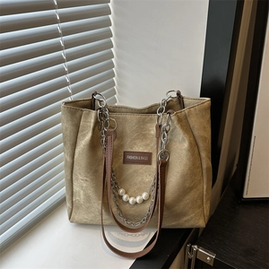 Borsa tote retrò in tela kaki con manico a catena di perle e tracolle in pelle PU