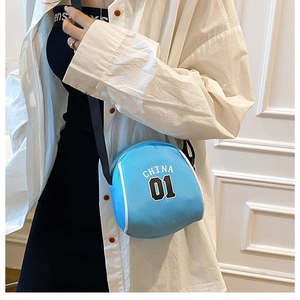 Detail of blue semi-circular canvas sports bag with white China 01 logo and black strap