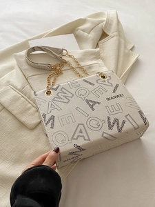 Fashion Letter Print Women PU Shoulder Bag Minimalist Gold Chain Splicing Tote Handbag Vintage Underarm Bag Daily Bag