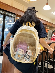 Women Fashion Nylon Ita Bag Transparent PVC Window Color Block School Backpack Casual Travel Burden Reduction Bag For Girls