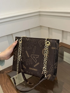 Fashion dark brown tote bag with letter print and golden chain straps for women
