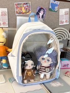 Cute white and blue canvas backpack for students with clear window for plush dolls