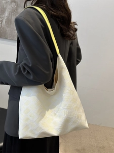 Quilted beige tote bag with yellow leather strap for women, large capacity shoulder bag