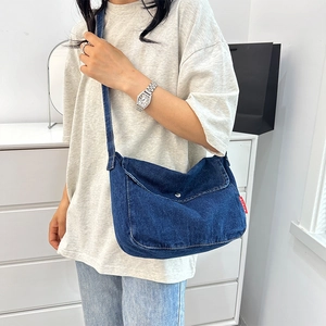 Minimalist navy blue denim canvas crossbody tote bag for casual daily commuting wear