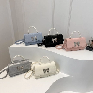 Women Bowknot Small Square Bag Artificial Pearl Handle Shoulder Bag Wavy Edge Metallic Bow PU Leather Crossbody Handbag Daily Fashion