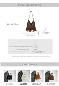 Detailed view of large capacity hobo bag dimensions and PU leather tassel accents
