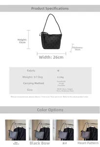 Detailed size specifications of the gray canvas shoulder bag with small heart patterns