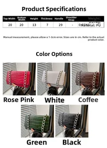 Detailed size chart and multi-color options for the crocodile pattern PU crossbody bag