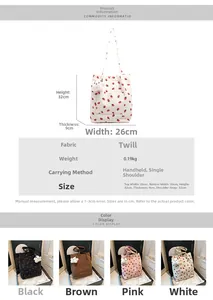 Detailed size chart for corduroy strawberry tote bags with measurements and colors