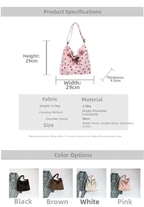 Detailed infographic showing strawberry canvas bucket bag dimensions and multiple color options