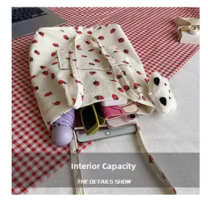 Detail view of the large internal capacity showing tablet and items in strawberry tote bag