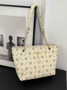 Damen Mode Monogramm-Druck Tragetasche Große Kapazität PU Leder Umhängetasche Mit Hirsch-Anhänger Metallkette Riemen Handtasche