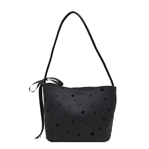 Minimalist black star print bucket shoulder bag with decorative side ribbon bow accent