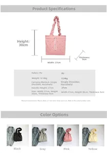 Detailed size specifications and color variants for the pleated PU drawstring tote bag