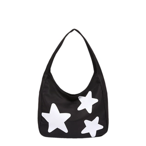 Minimalistische zwarte hobo schoudertas met drie witte sterren op canvas nylon