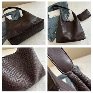 Close-up detail of dark brown woven tote bag set showing leather texture and small pouch
