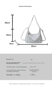 Vista dettagliata della borsa hobo grigia con texture PU, farfalle e dimensioni