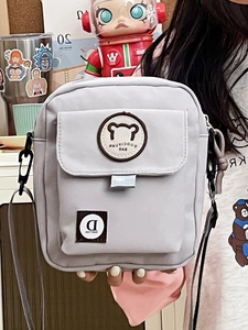 Minimalist light gray canvas small crossbody bag with cute bear embroidery for women
