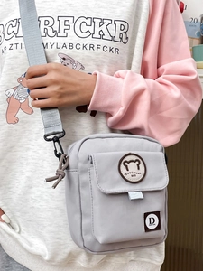 Cute Korean style small grey canvas crossbody bag with bear logo for school or travel