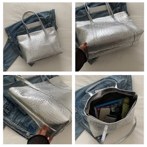 Silver crocodile texture tote bag with metallic finish and spacious interior for daily essentials