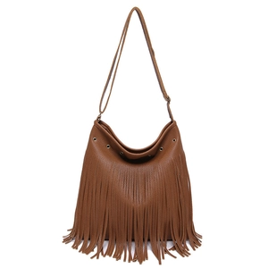 Brown faux leather hobo shoulder bag with bohemian fringe detail and adjustable strap