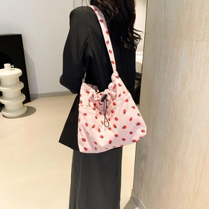 Women Casual Corduroy Strawberry Print Shoulder Tote Bag Soft Fabric Shopping Bag Large Capacity Drawstring Bucket Bag