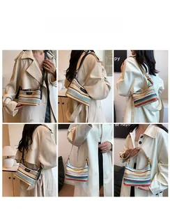 Collage of model wearing a woven shoulder bag with colorful rainbow stripes