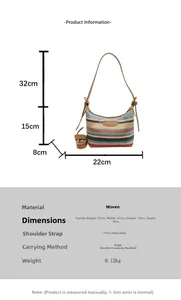 Detailed size chart for the woven rainbow striped bag showing handle height and dimensions
