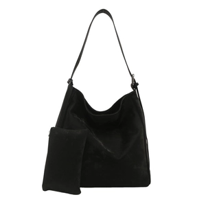 Black matte hobo tote bag and pouch set with wide shoulder strap and silver rings